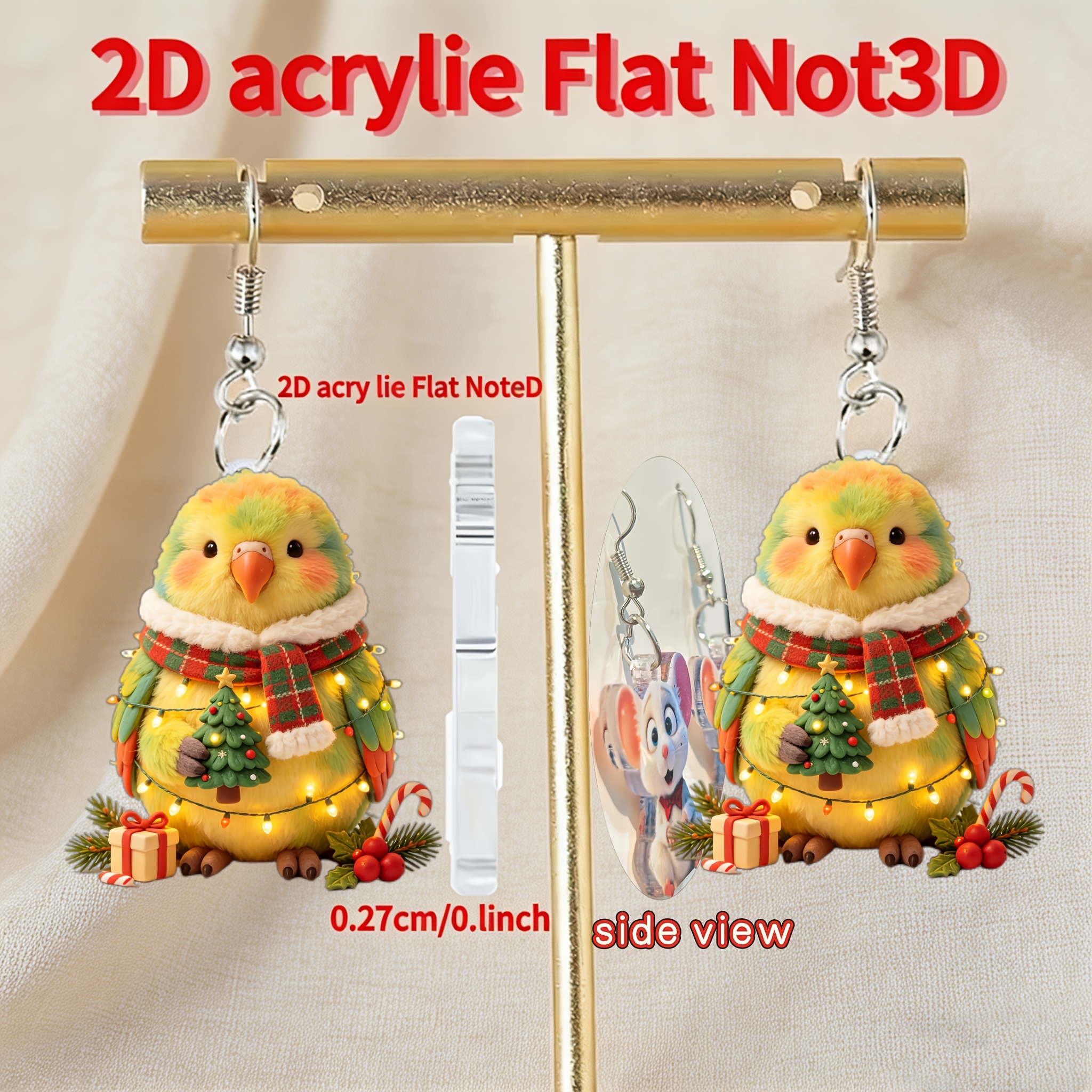 2D Acrylic Flat Christmas Parrot Earrings, Cute Gift
